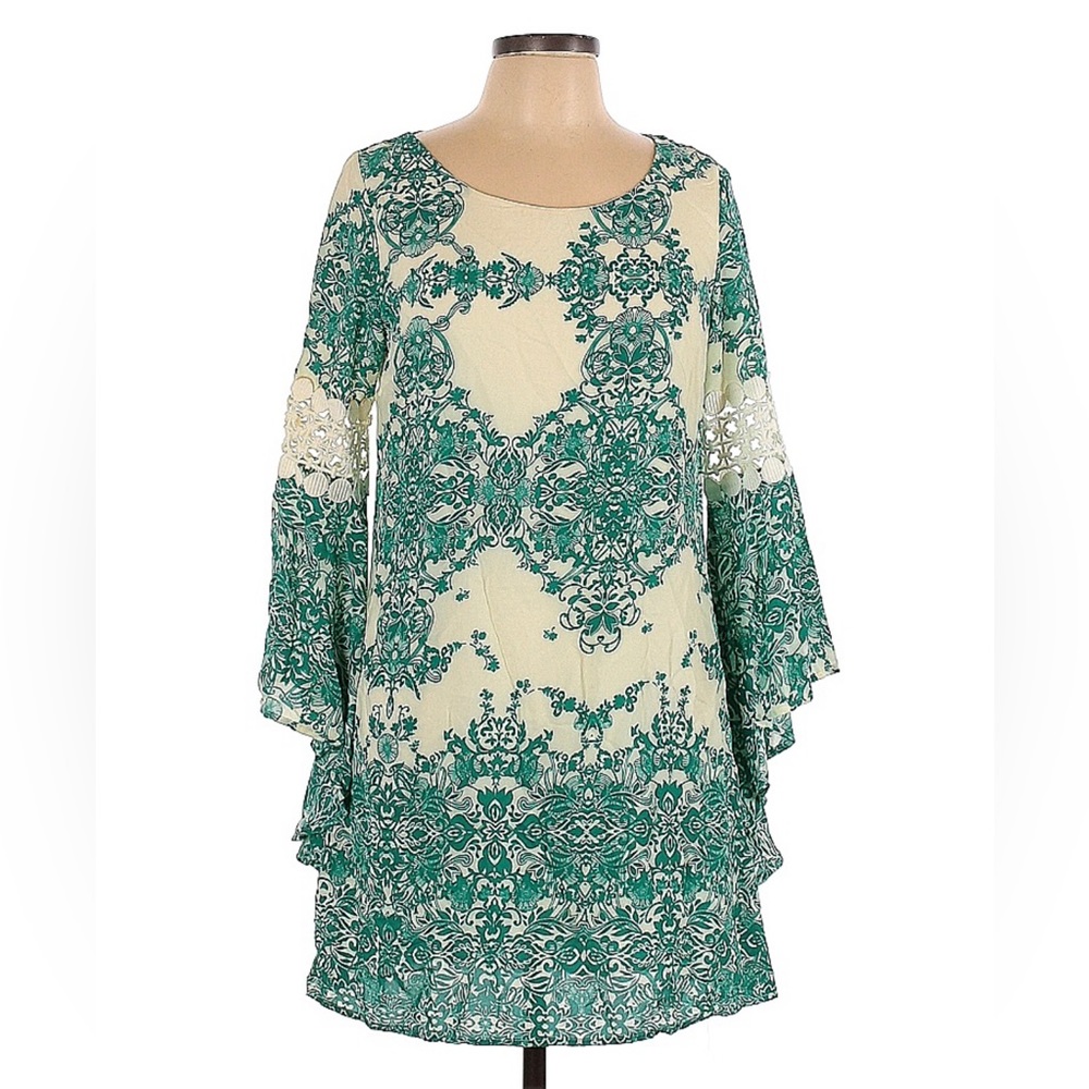 AGGIE Dress Teal Cream Large Floral Crochet Shift